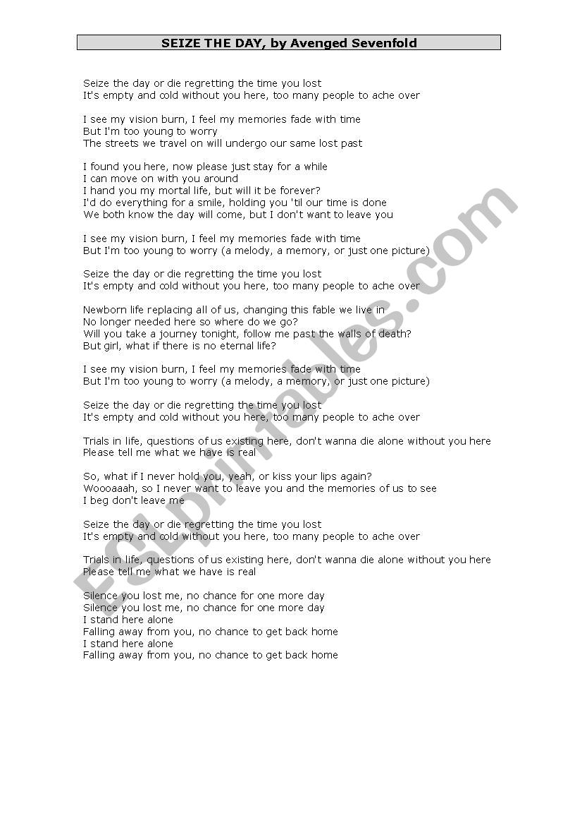 song Seize the day worksheet