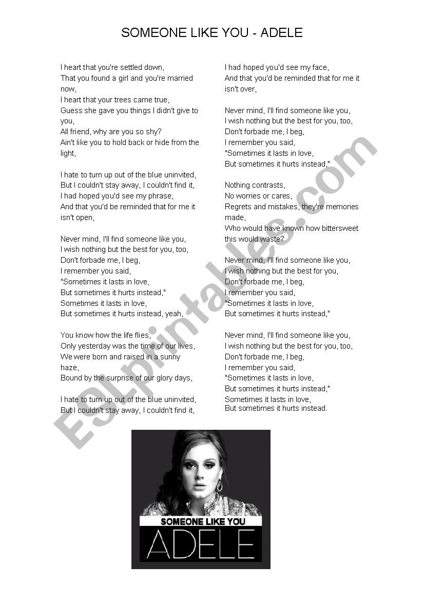 Song Someone Like You Esl Worksheet By Cris Bv