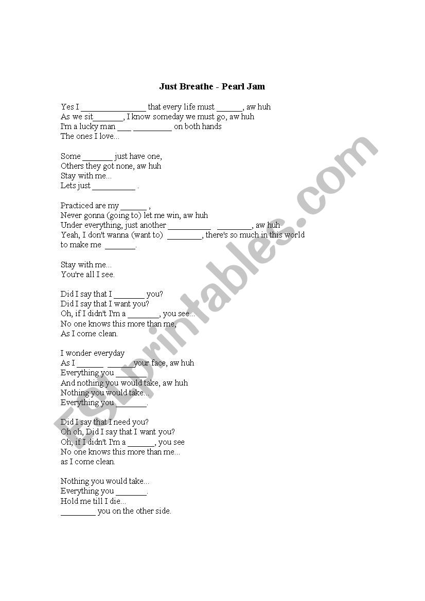 Just Breathe - Pearl Jam worksheet