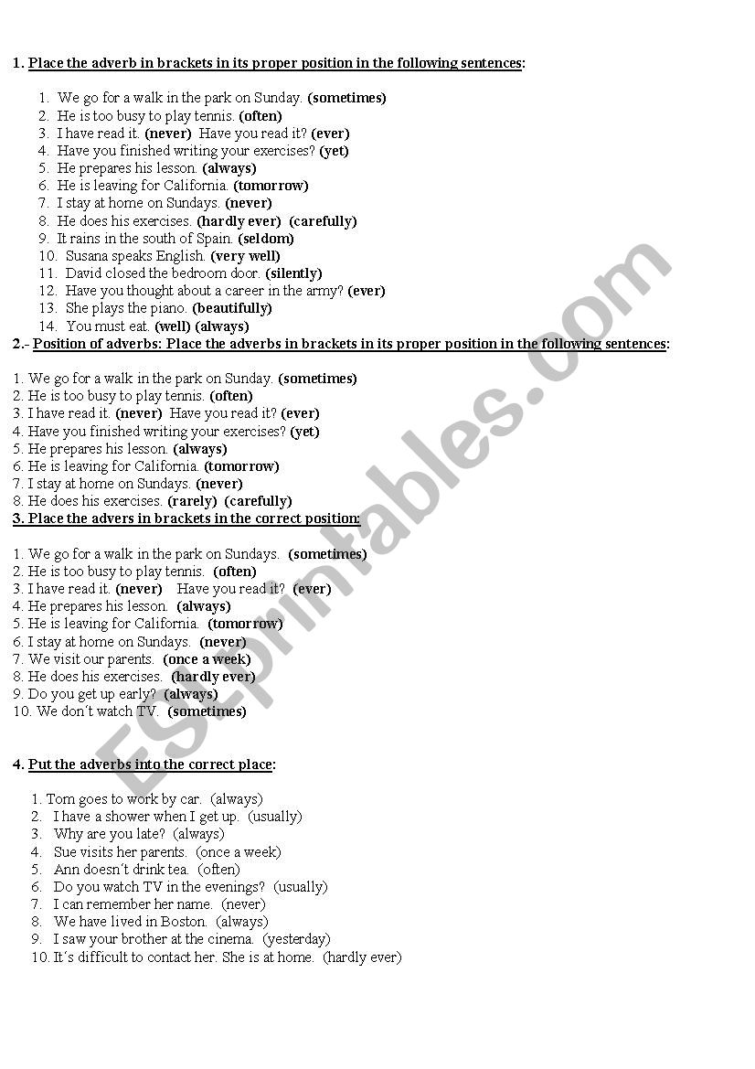 Position of adverbs worksheet