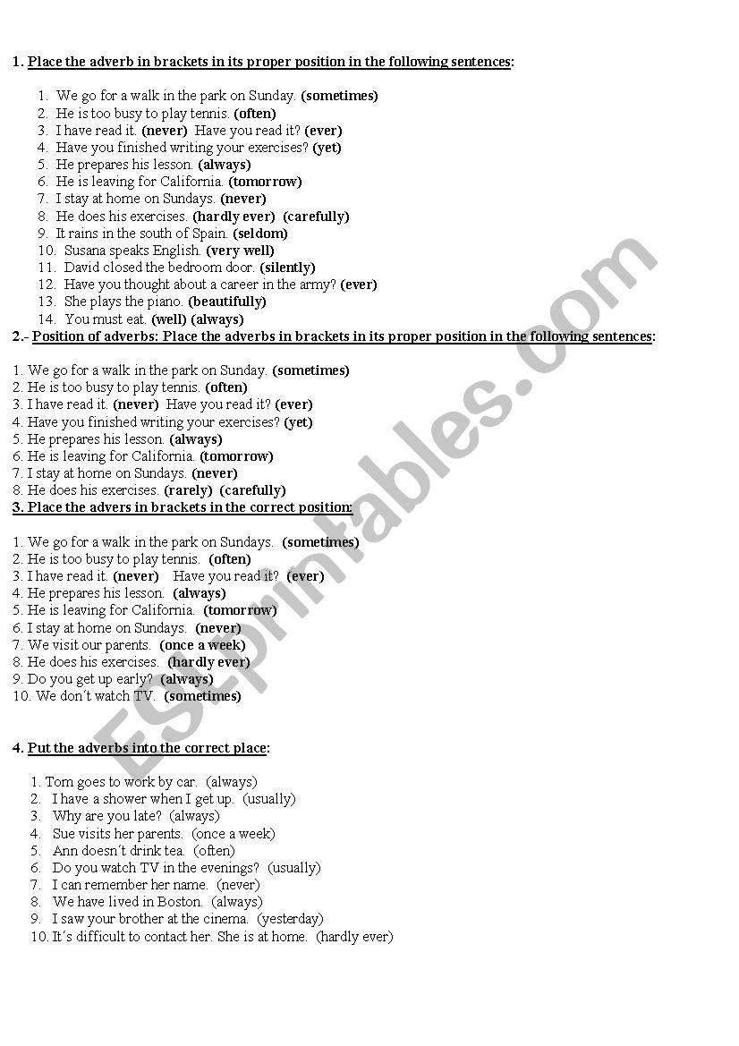 Position of adverbs worksheet