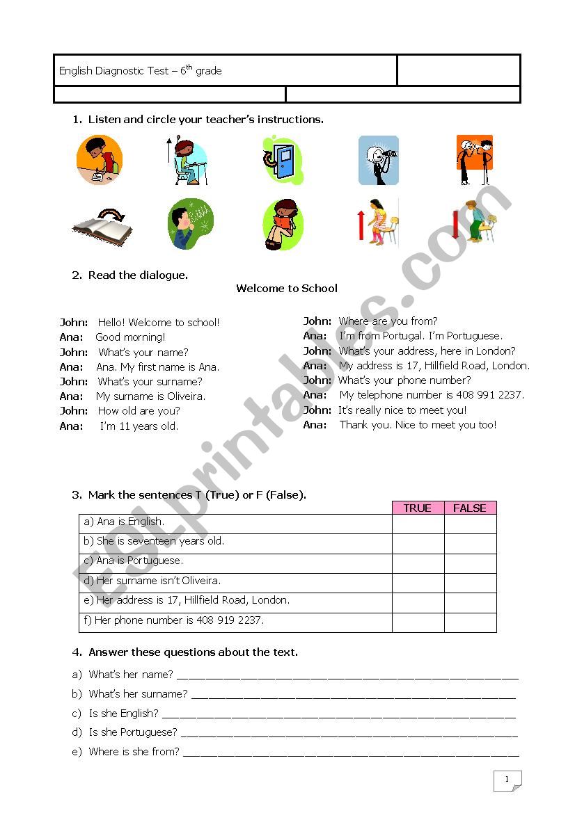 Diagnostic test -  worksheet