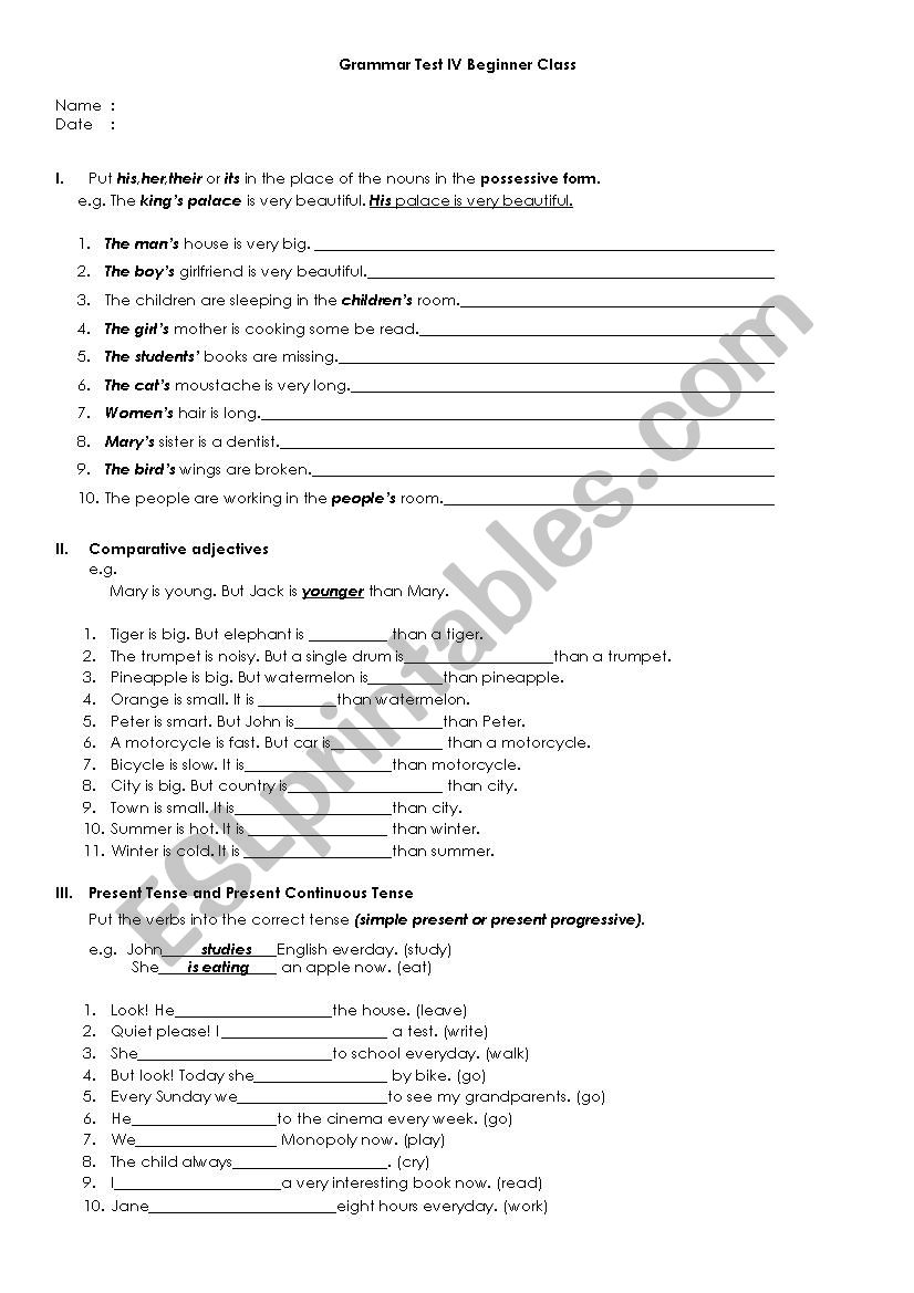 grammar test for beginner worksheet
