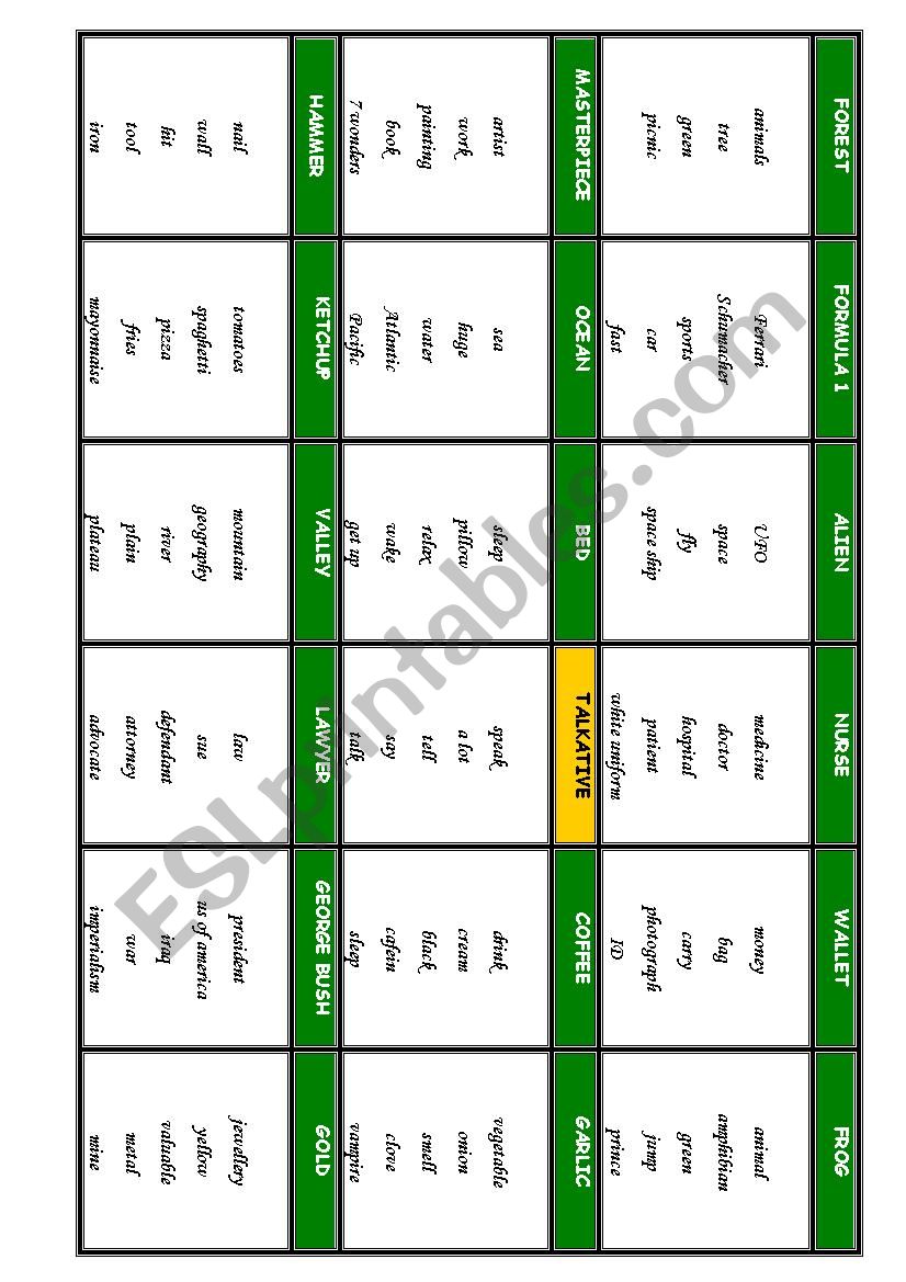 taboo game cards worksheet