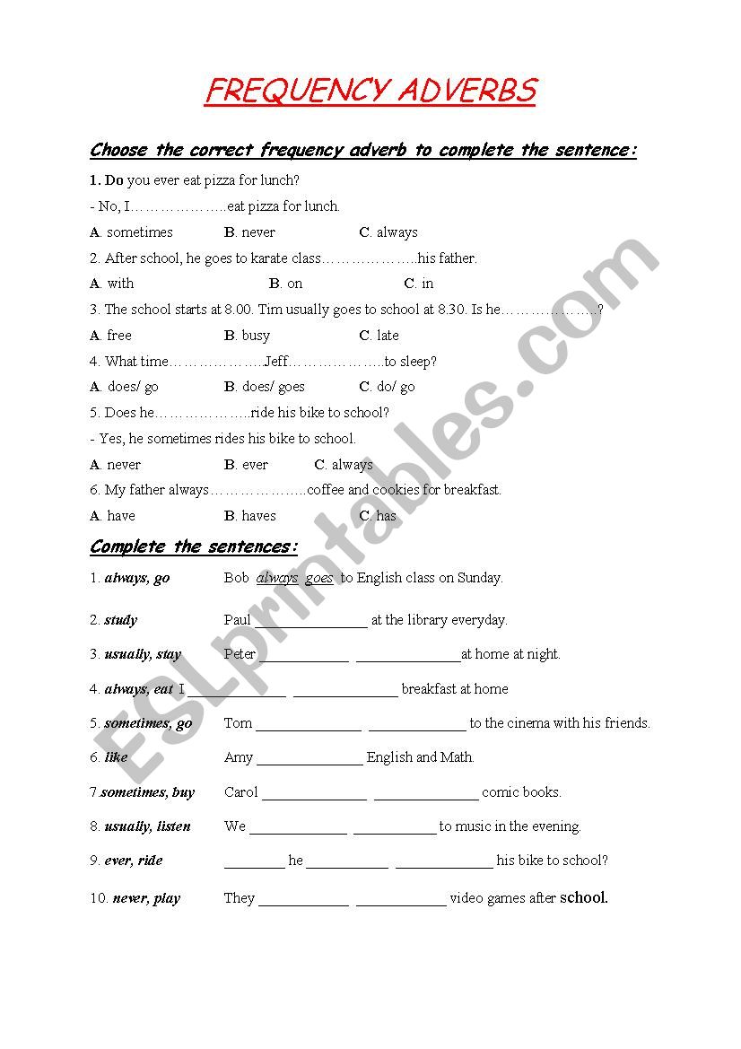 Frequency Adverbs worksheet