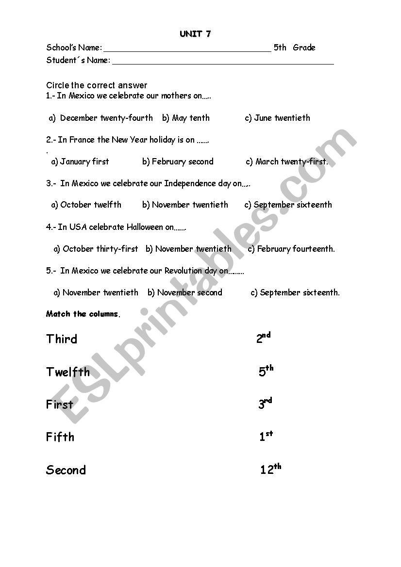 Important Dates arround the world, and Ordinal Numbers