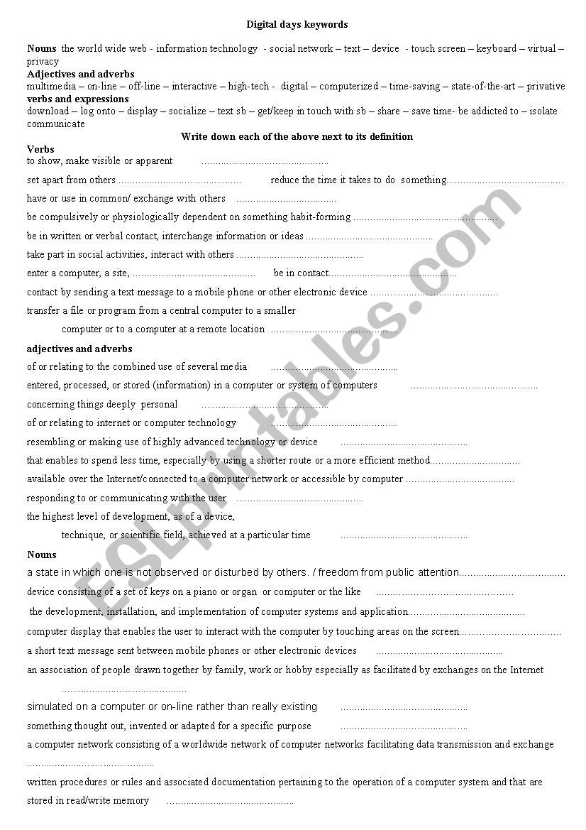 digital days worksheet