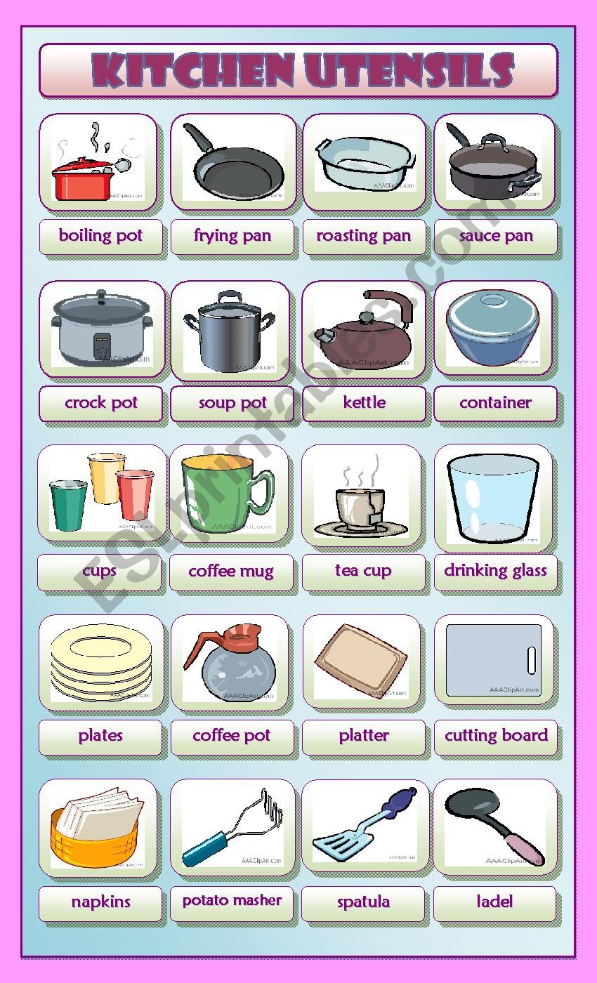 kitchen utilities, kitchen appliances, cooking - ESL worksheet by