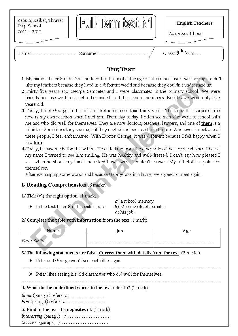 english test for 9th and 7th form