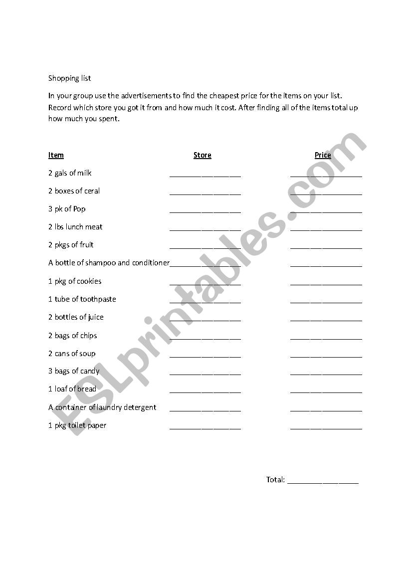 Shopping List worksheet