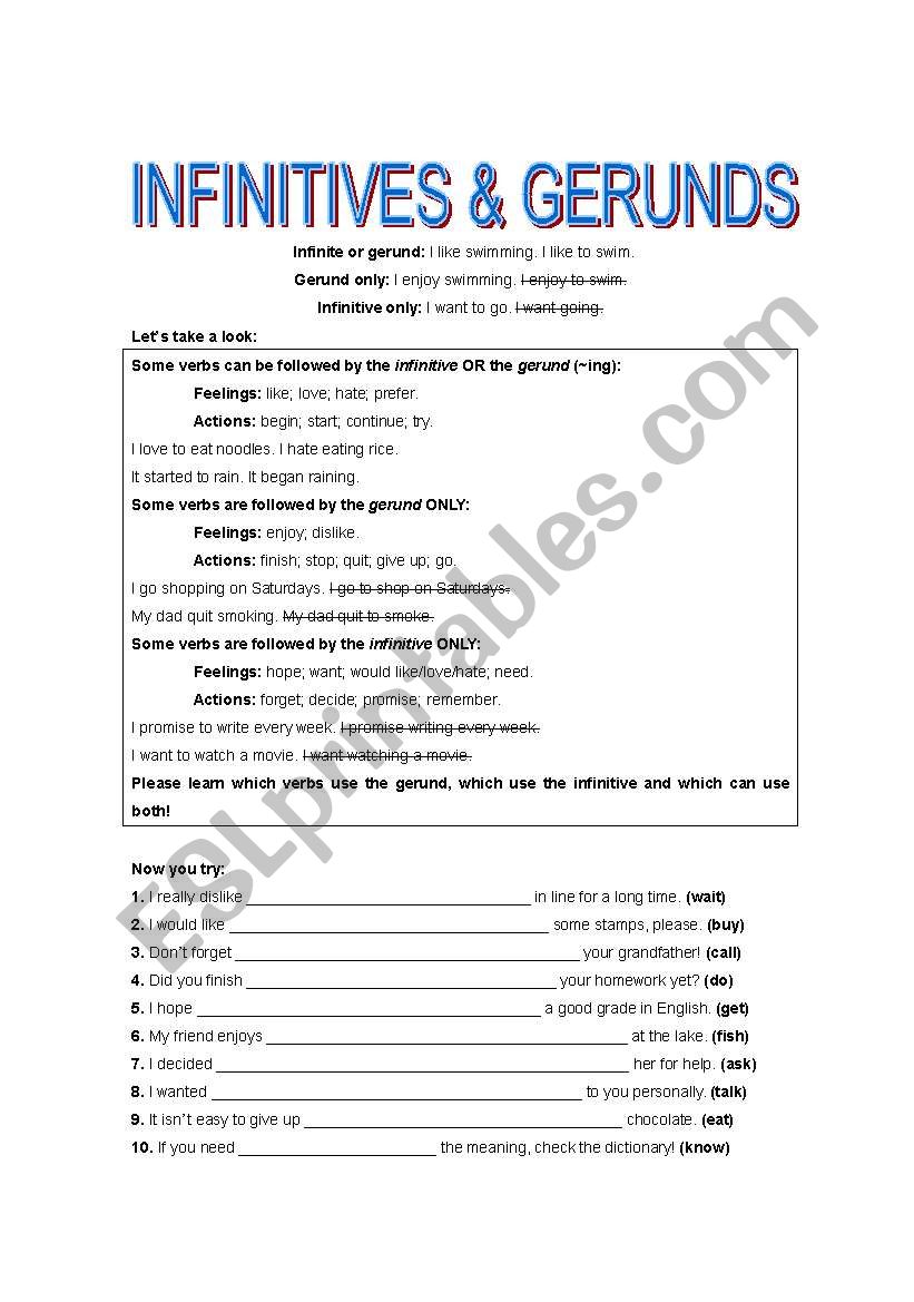 infinitive &gerunds worksheet