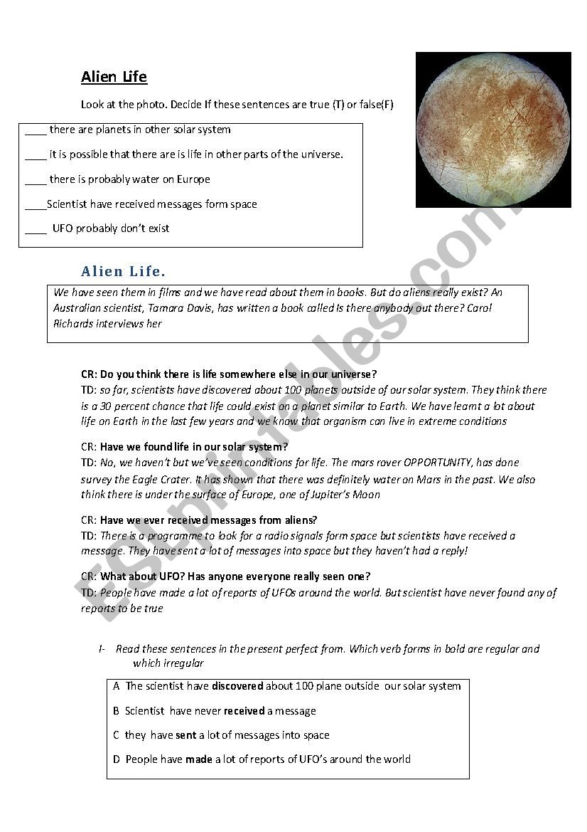 Aliens life worksheet