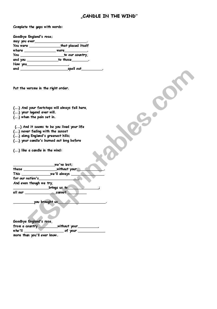 Candle in the wind worksheet