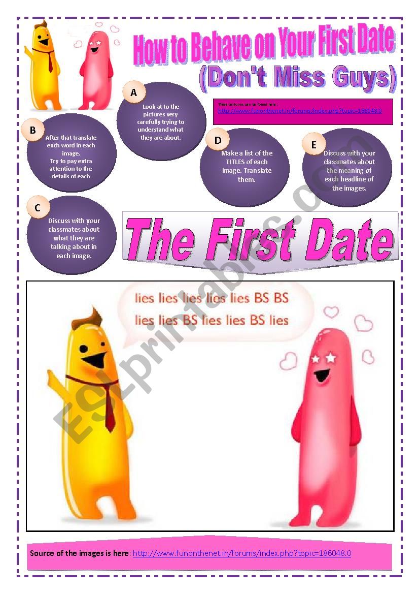 FIRST DATE - (Part 2 of 2) How to Behave on Your First Date (10 Pages) with 8 Situations + 11 exercises  about FIRST DATES