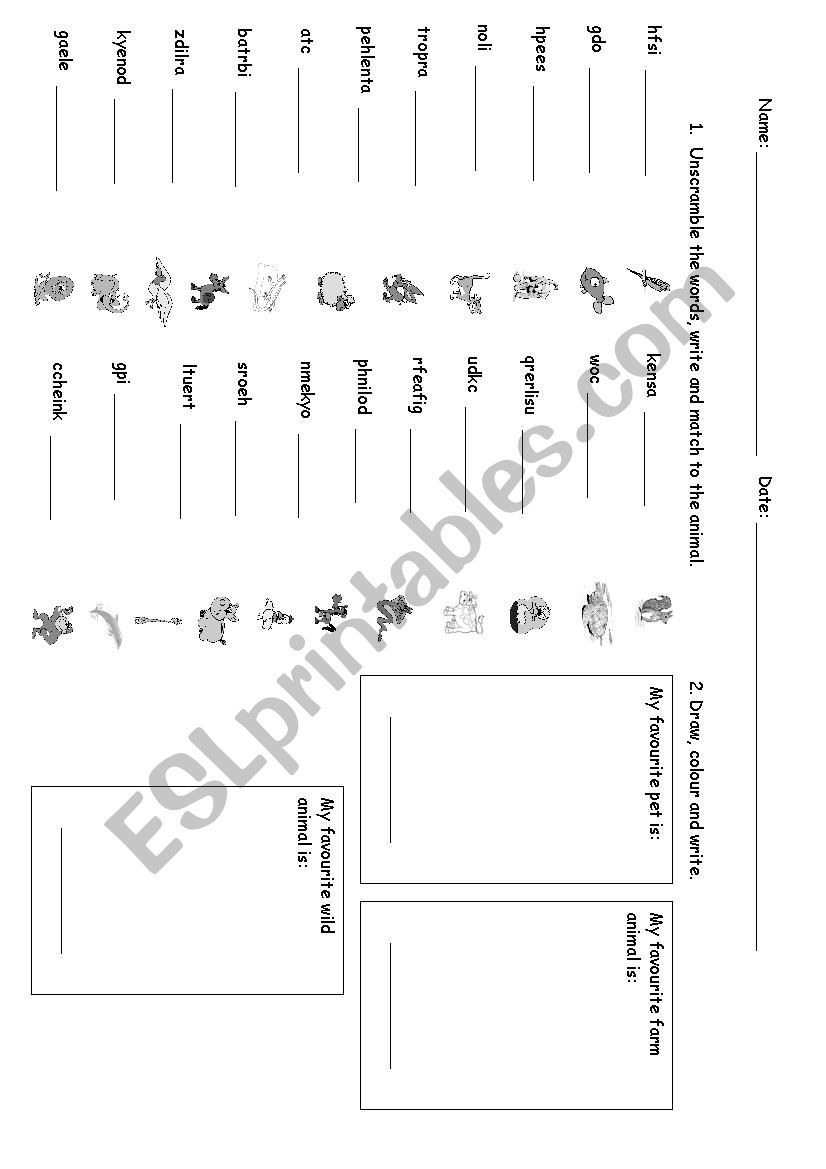 Animals Unscramble and Draw worksheet