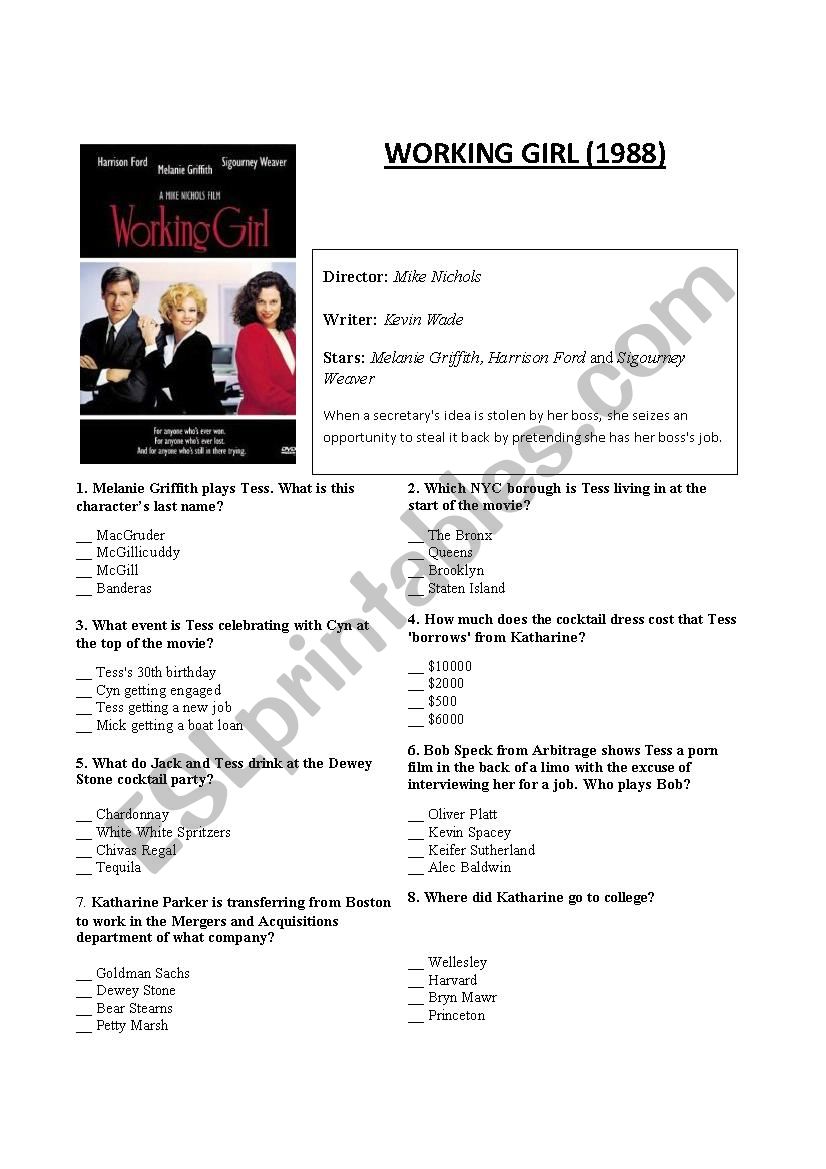 Working Girl (1988) worksheet