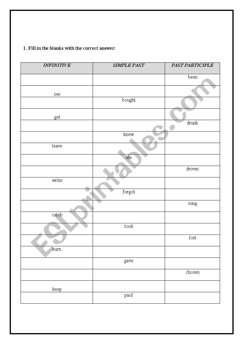 Irregular Verbs worksheet