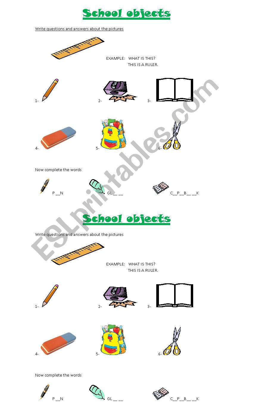 SCHOOL OBJECTS worksheet