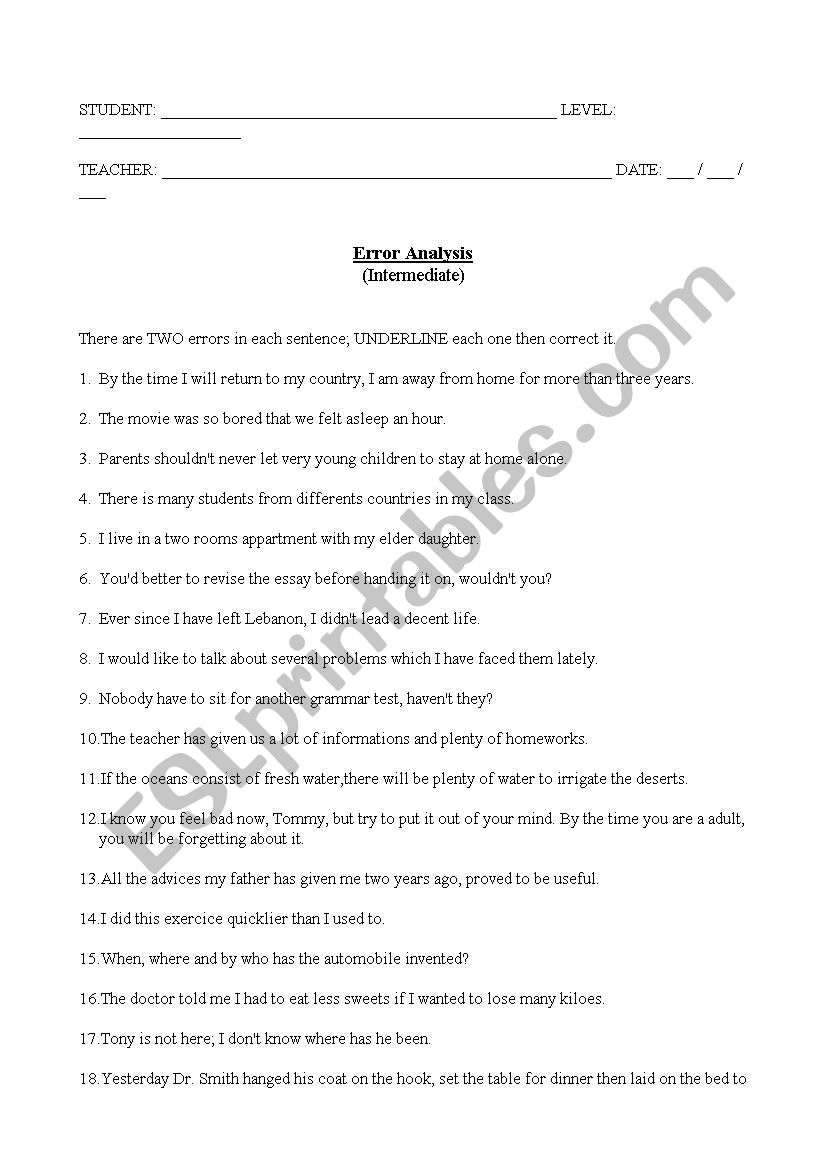 ERROR ANALYSIS STATEMENTS worksheet