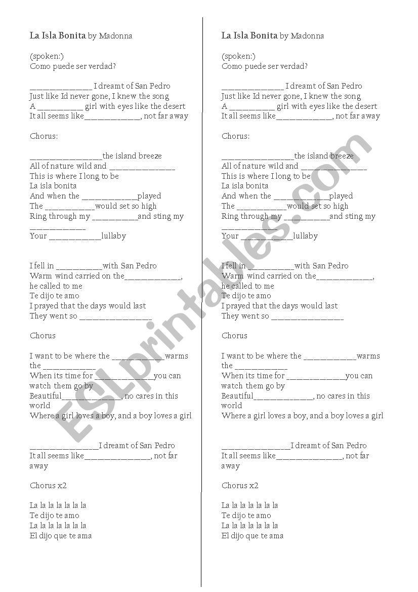 Song La Isla Bonita worksheet