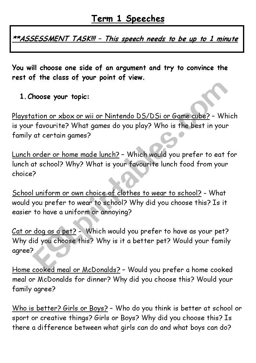 Public Speaking Assessment worksheet