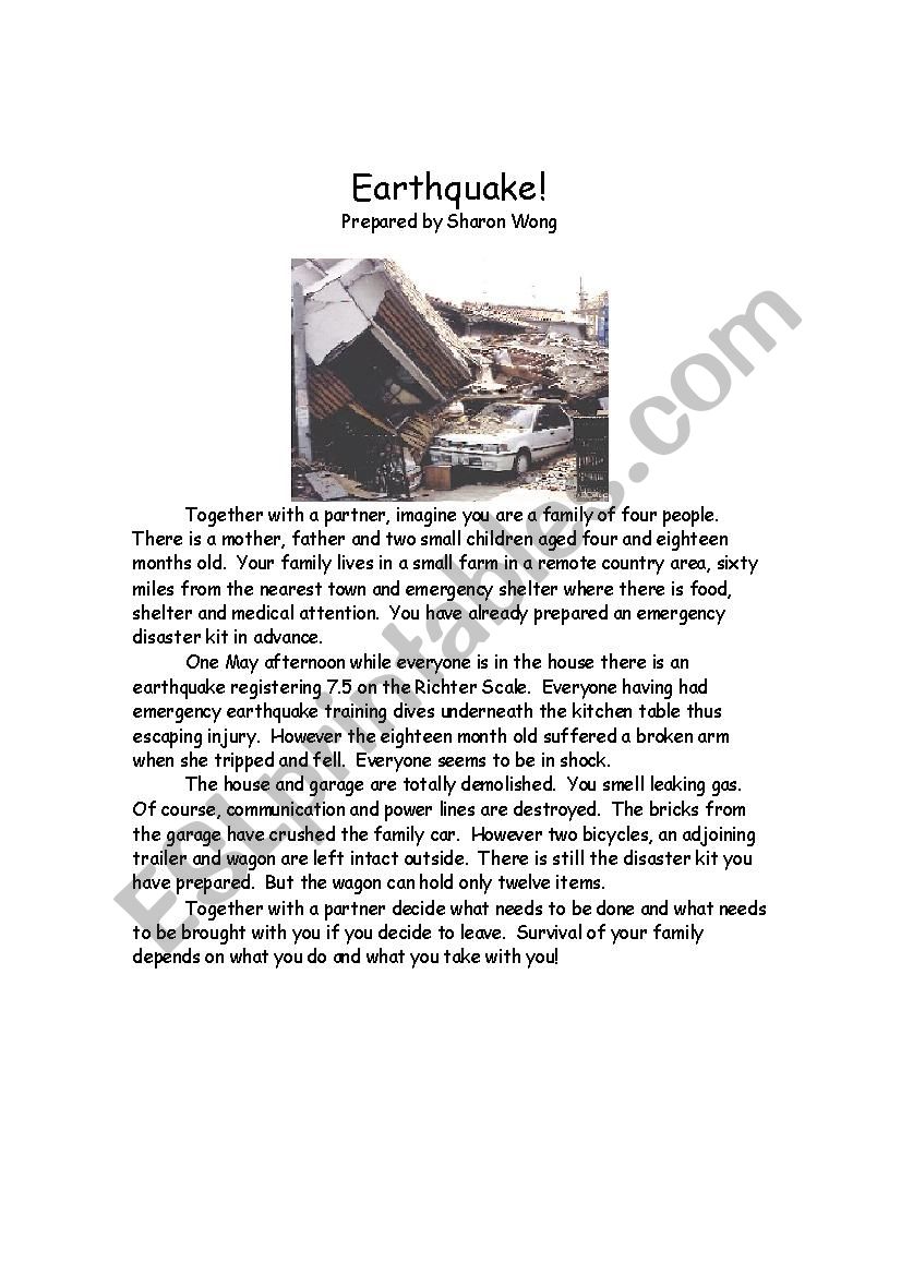 Earthquake Survival Situation worksheet