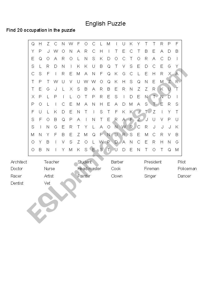 Occupation puzzle worksheet