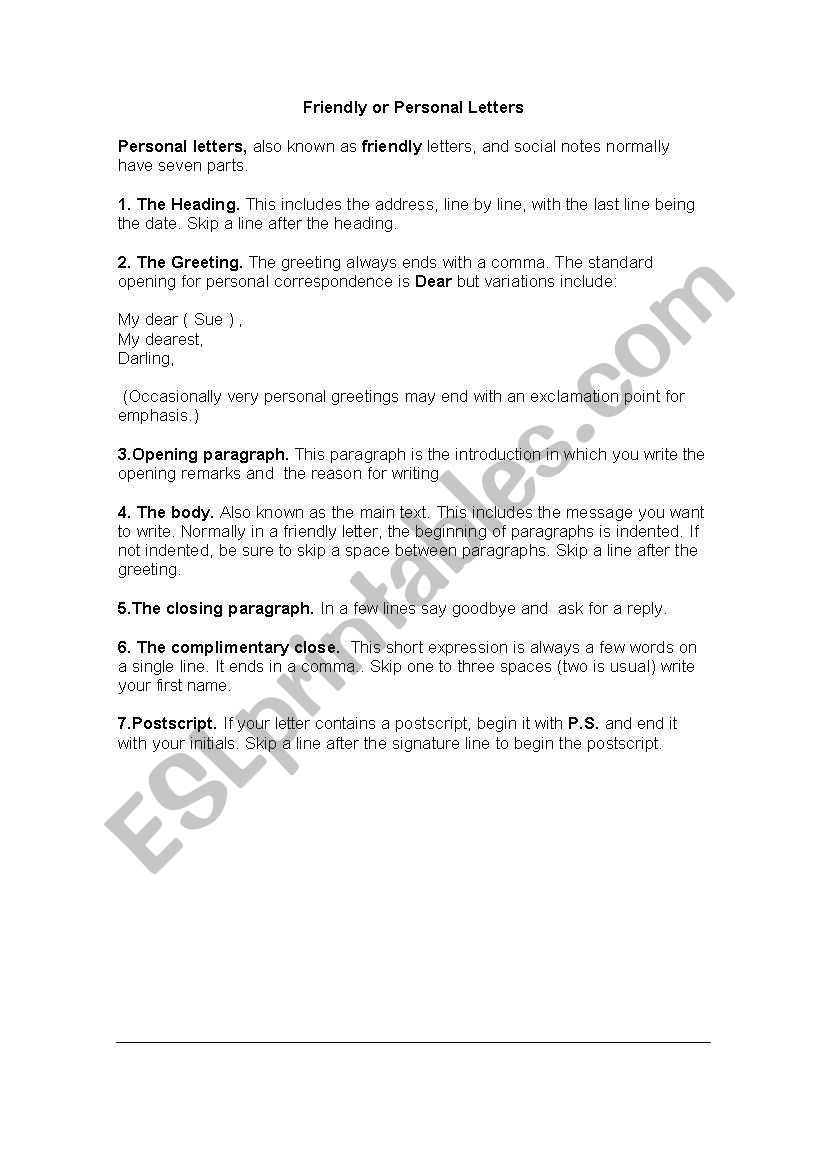 FRIENDLY OR INFORMAL LETTERS worksheet