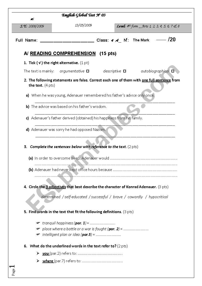 english test 4th year worksheet