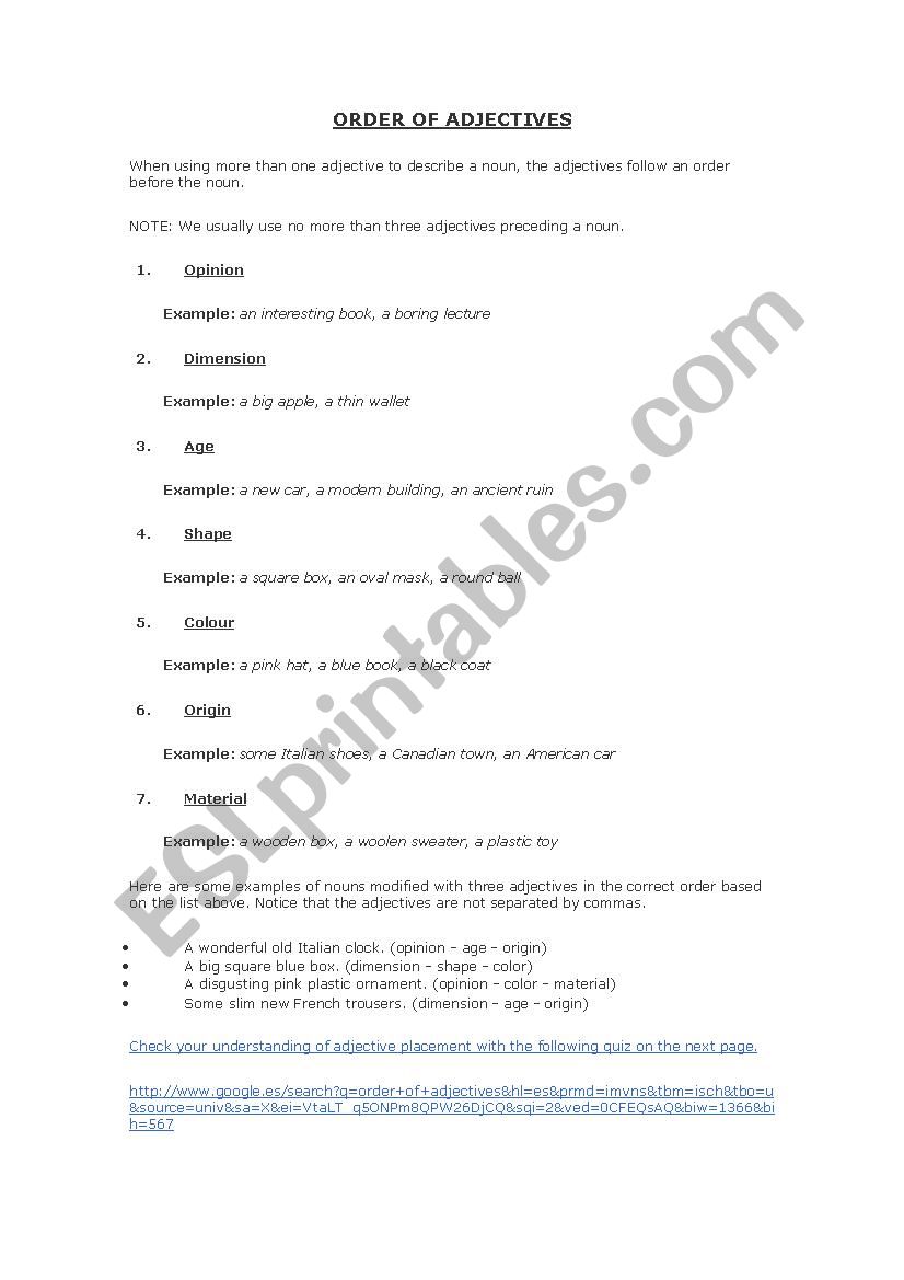 Adjectives order worksheet