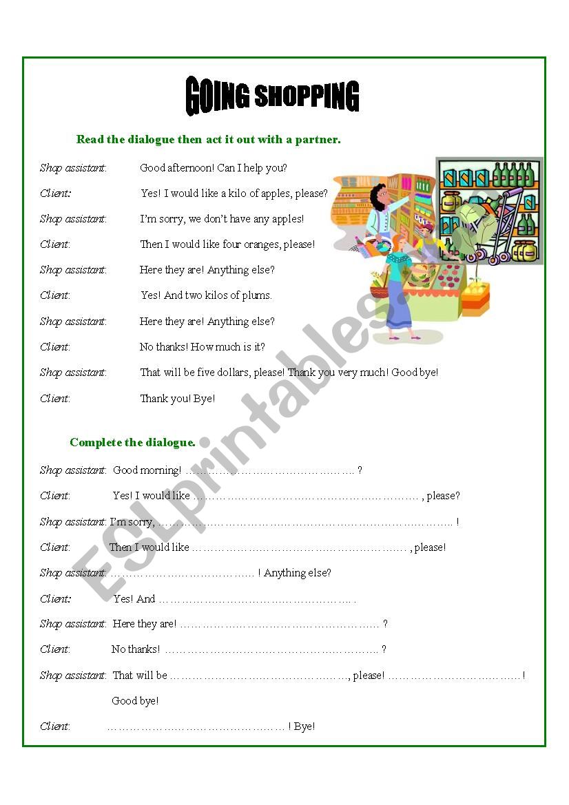 Going shopping worksheet