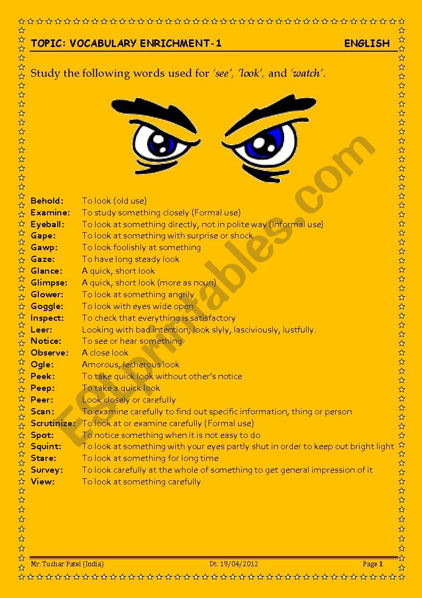 How many words do you know for ´To See´ (25 words/ Meaning/ Exercises/ Keys)