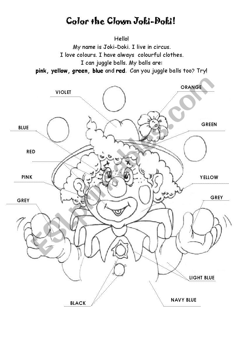 Colour the clown Joki-Doki worksheet