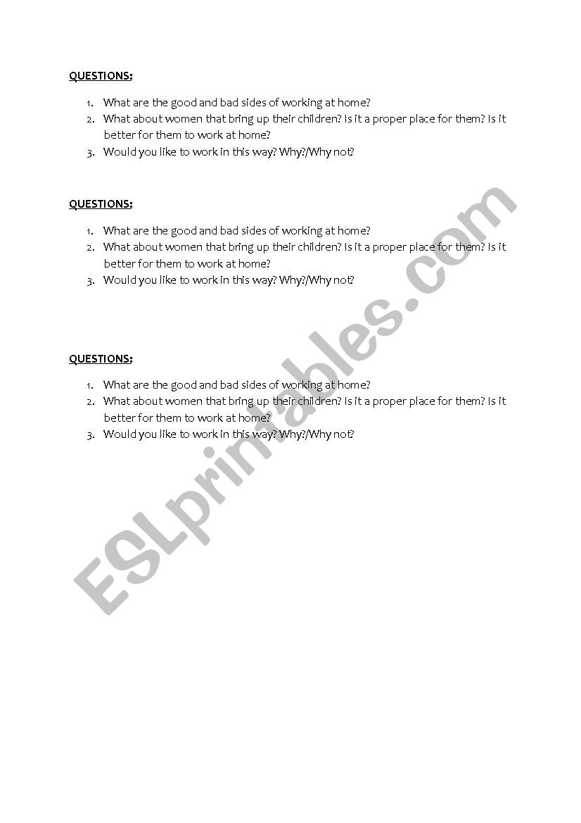 WORK AT HOME - QUESTIONS worksheet