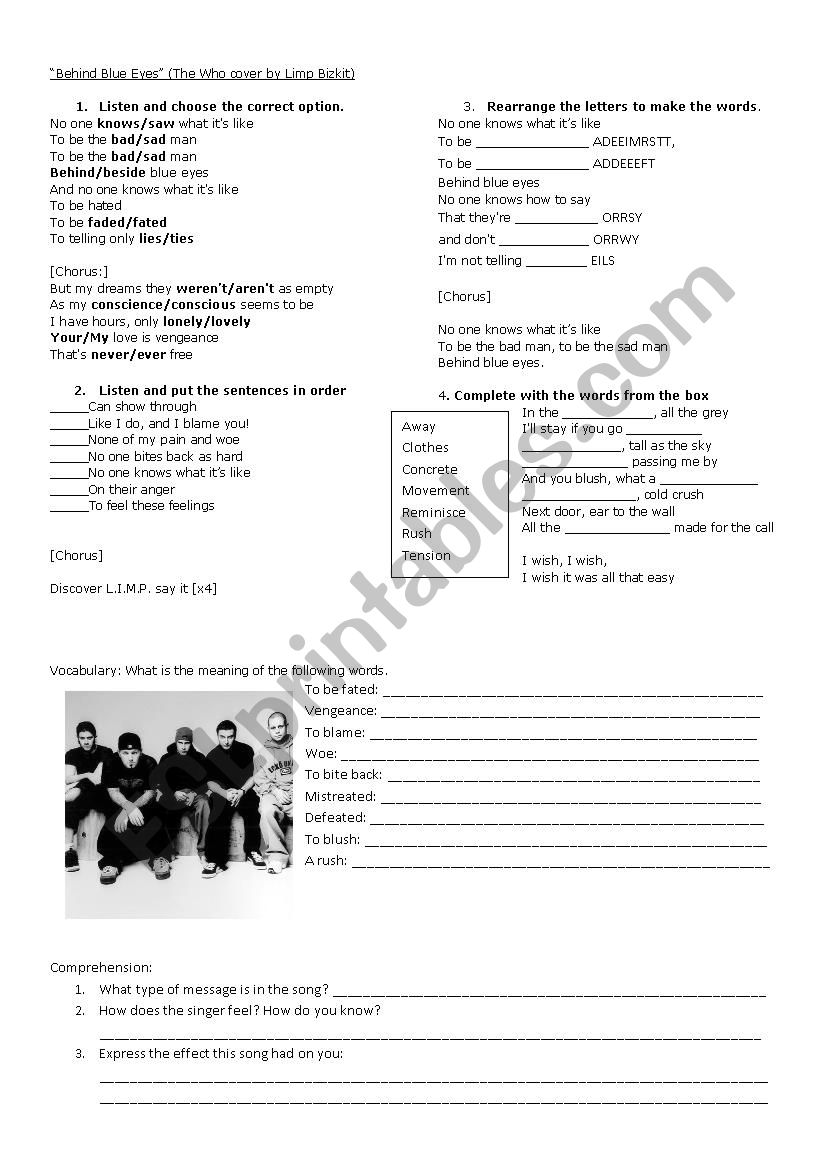 Song Worksheet: Behind Blue Eyes