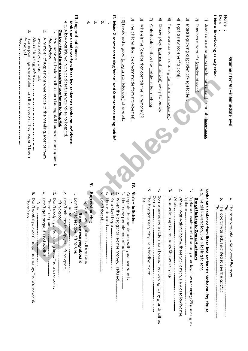 grammar test for intermediate worksheet