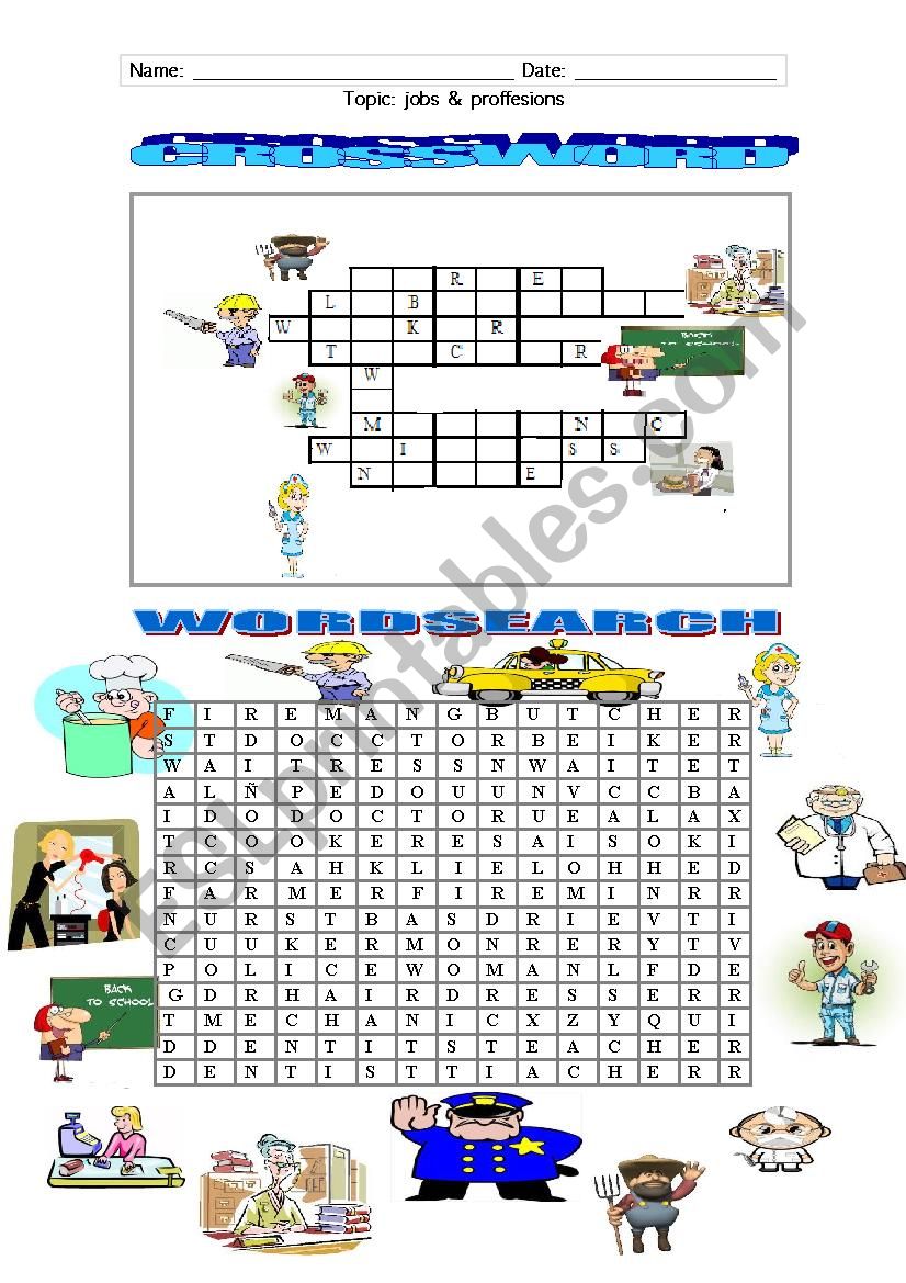 crossword & wordsearch about jobs_with answers