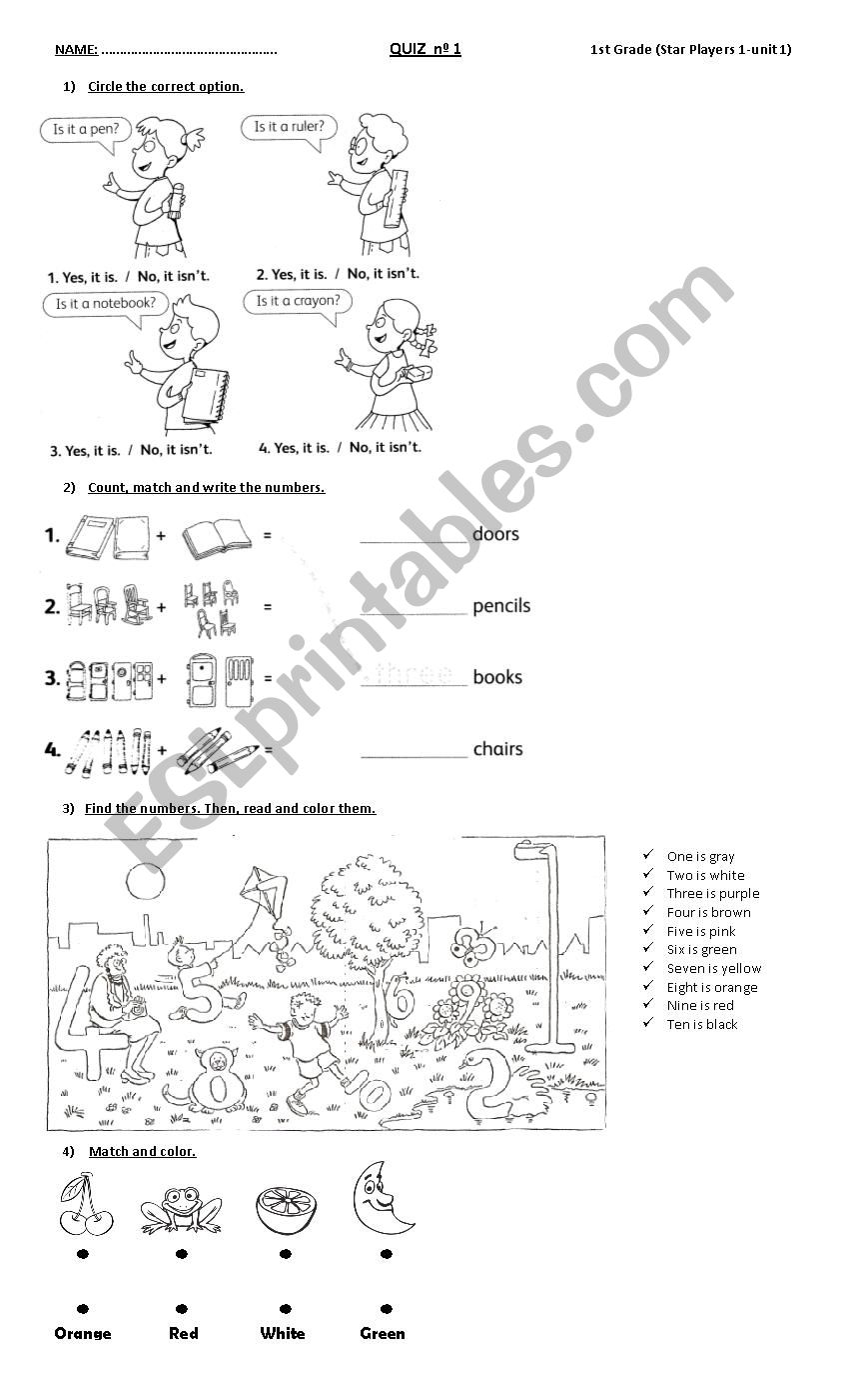 school objects, colors and numbers