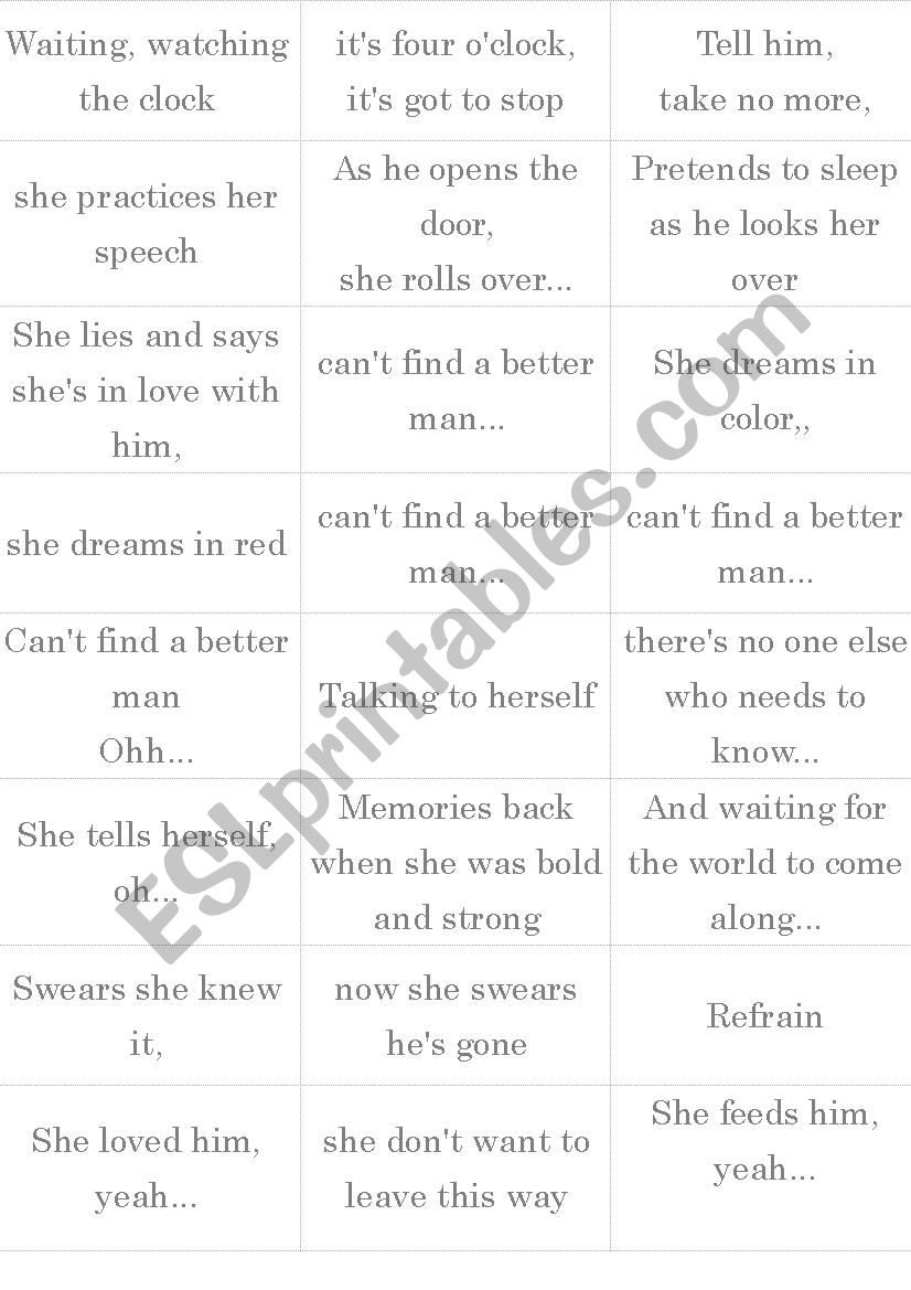 Better Man Lyrics worksheet