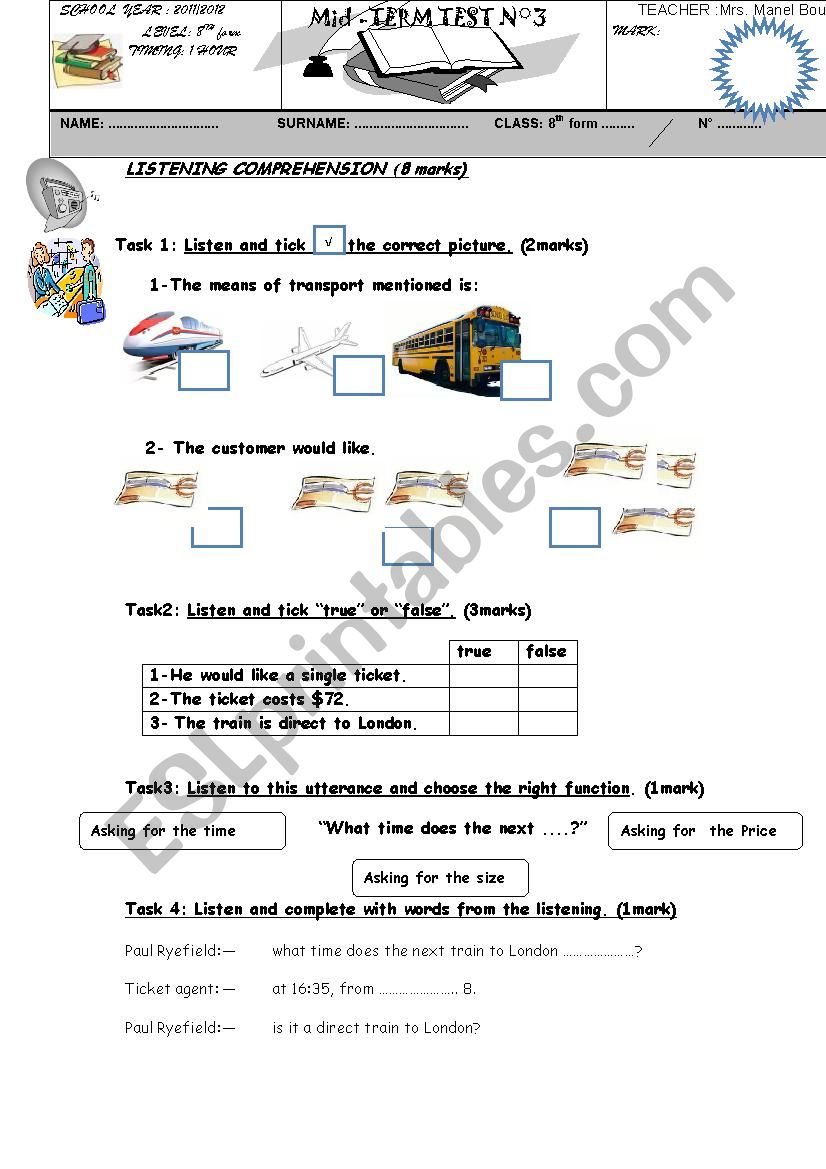 mid term test 3  for 8TH  form