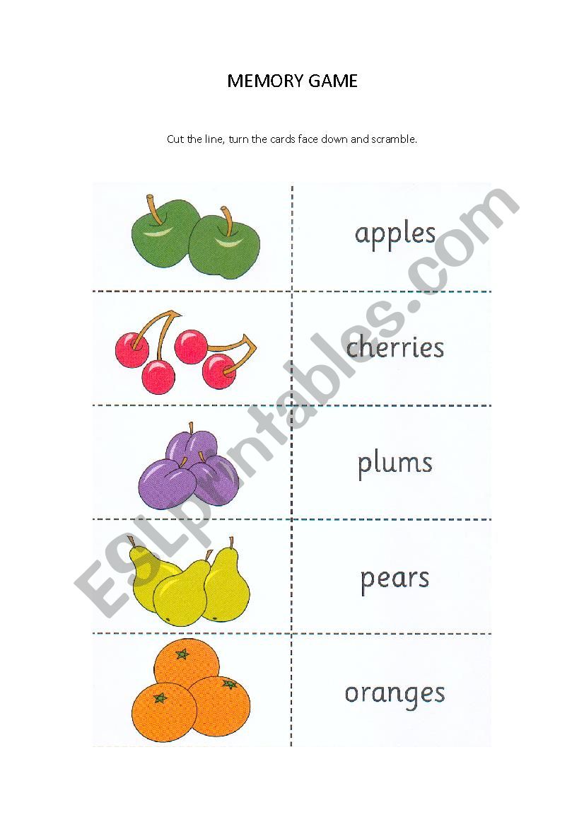 Memory game fruits worksheet