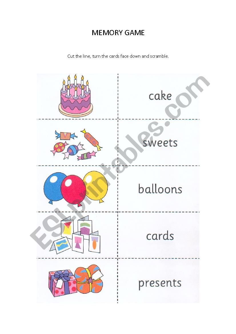 Memory game party worksheet