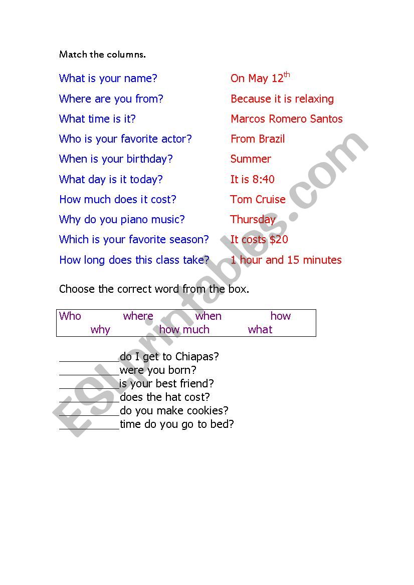 QUESTION WORDS worksheet