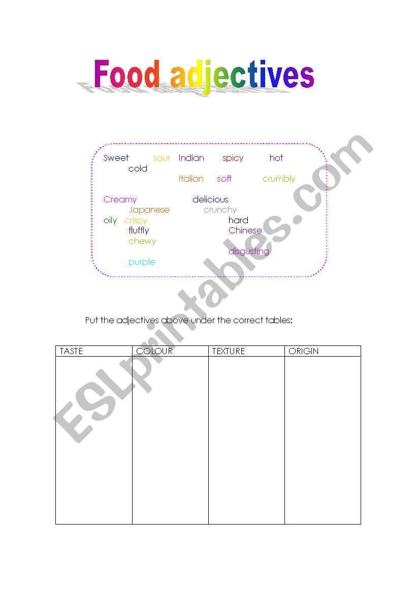 food adjectives worksheet