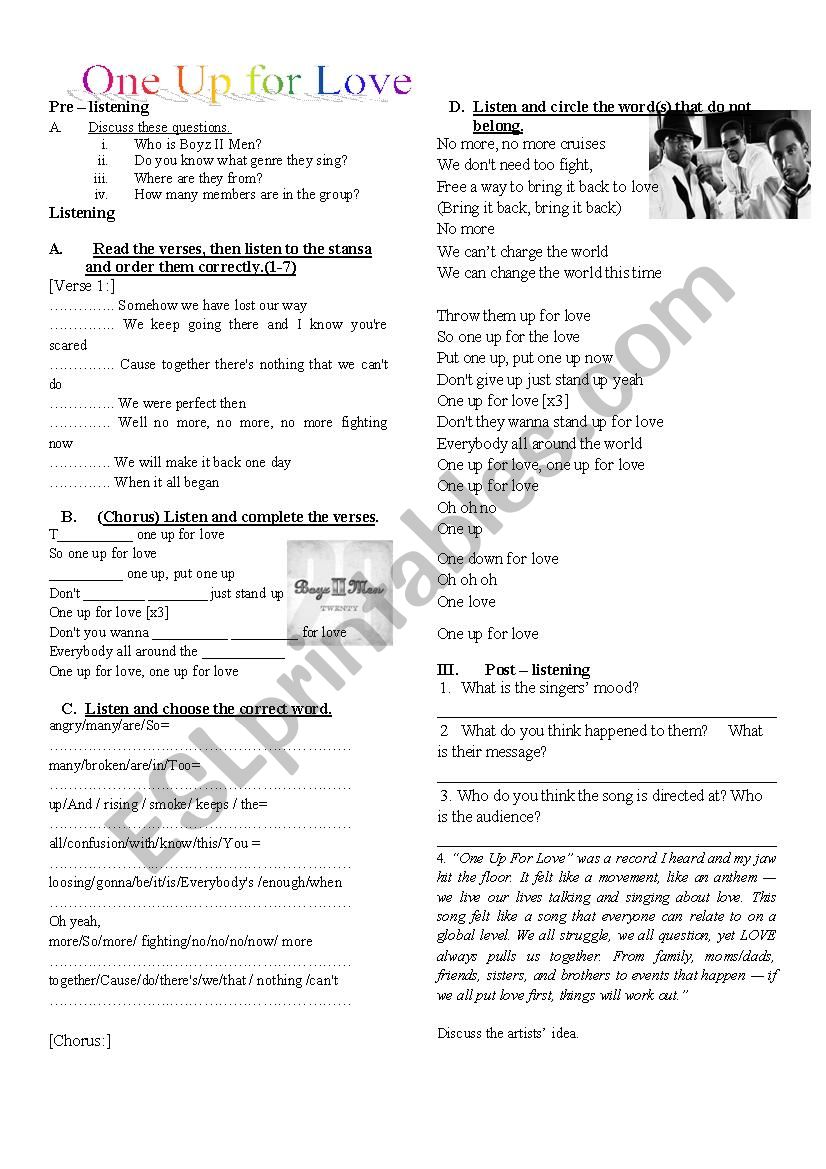 One up for Love-Boyz II Men worksheet