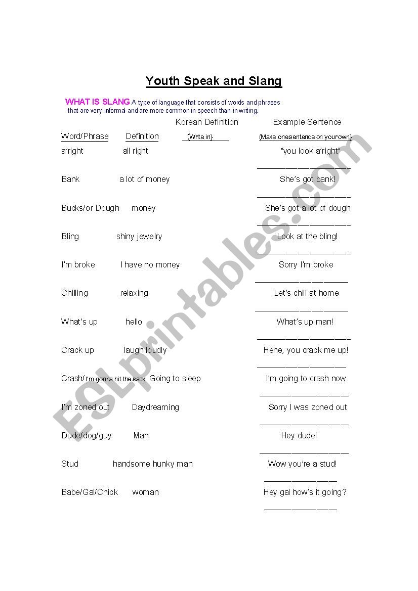 Slang Use and Youth Speak worksheet