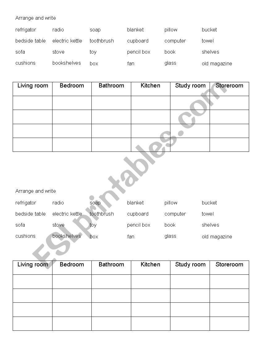 things in the house worksheet