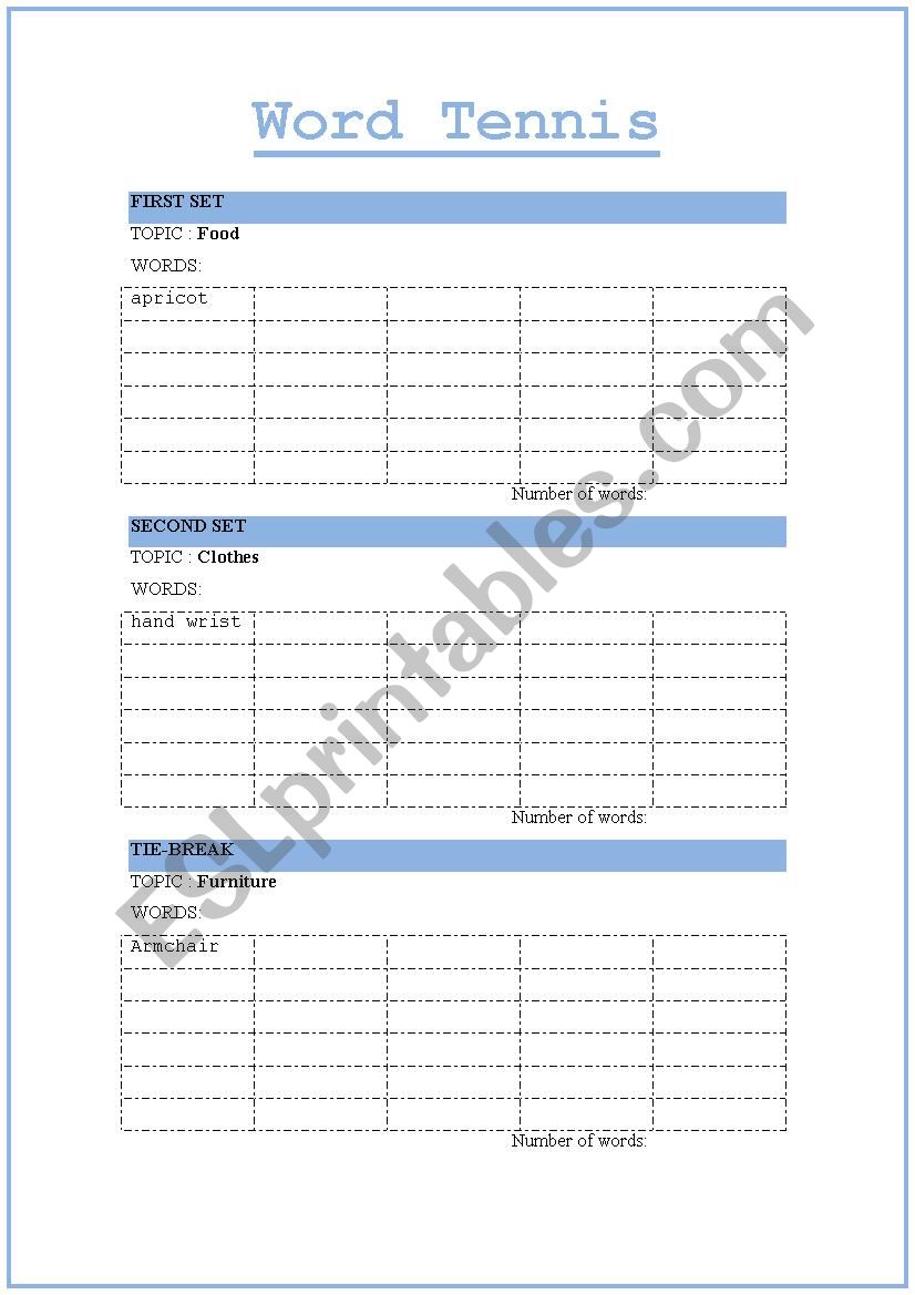 Word Tennis (Vocabulary bank) worksheet