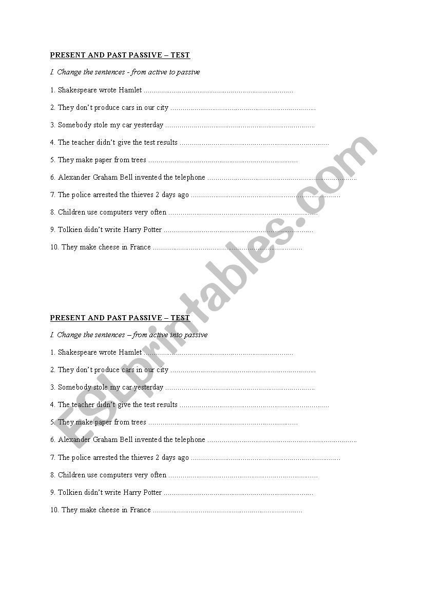 PRESENT AND PAST PASSIVE TRANSFORMATIONS TEST