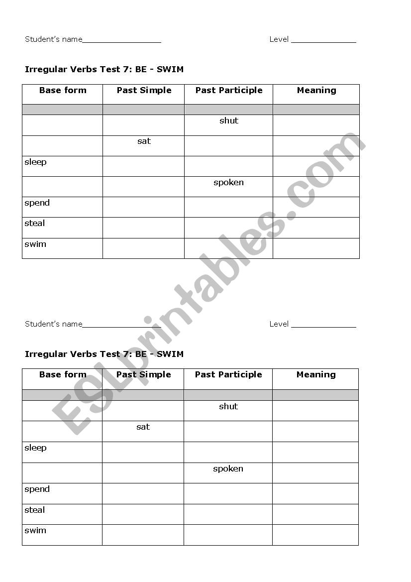 Irregular verbs test 7: BE - SWIM